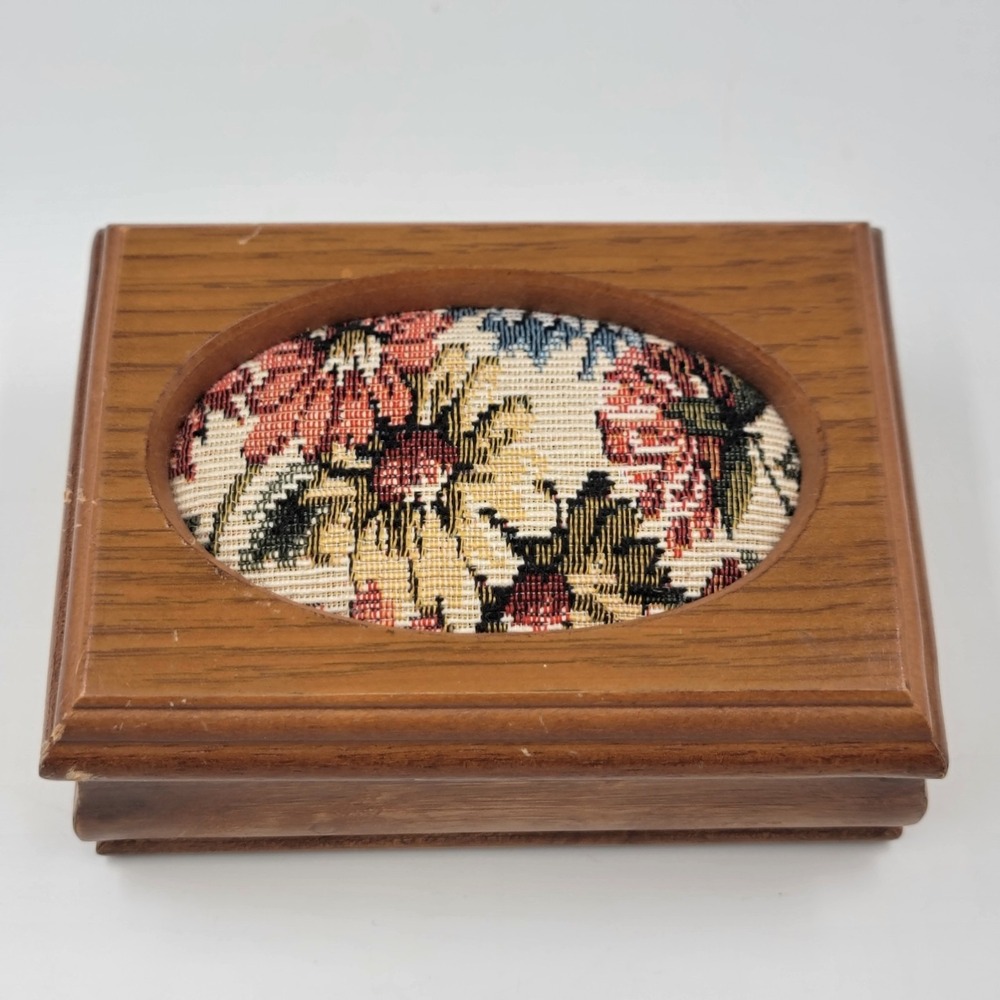 Small Vintage Tapestry Dresser Style Wooden Jewelry Box Hinged Lid 5x3.5x2"
